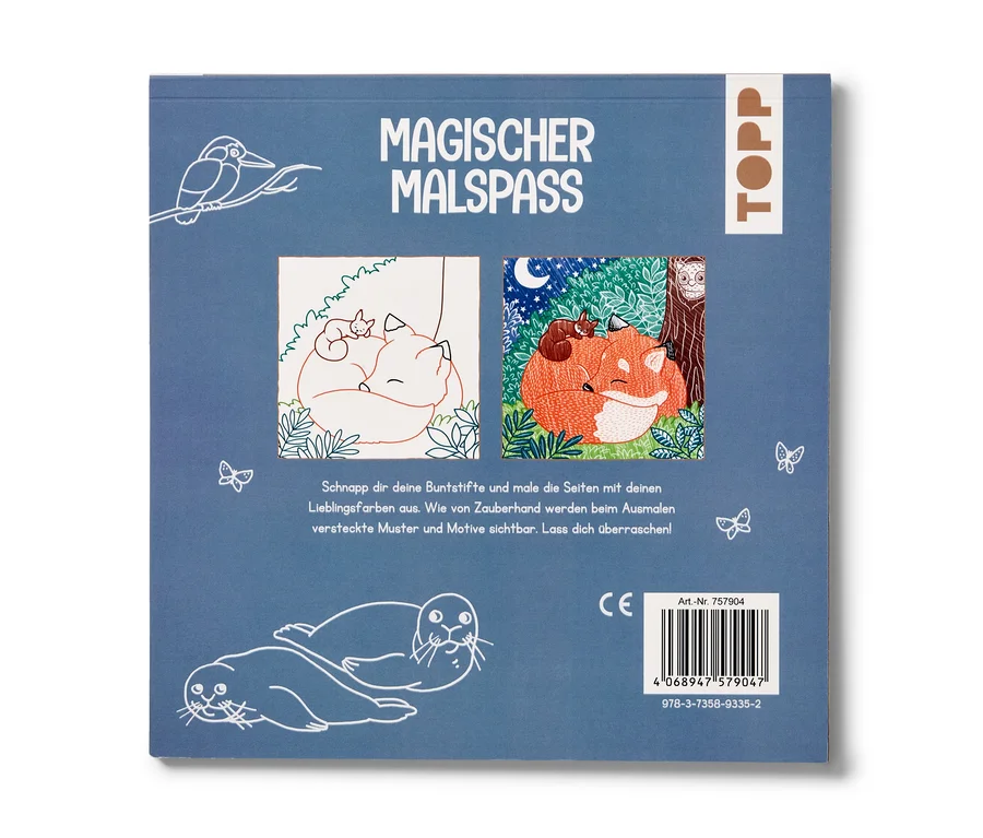 Blaues Buchcover mit dem Titel "Magischer Malspass". Es zeigt zwei schlafende Füchse, einmal als Umriss und einmal farbig mit Waldhintergrund. Weitere Umrisse von Vögeln, Schmetterlingen und Robben sind zu sehen.