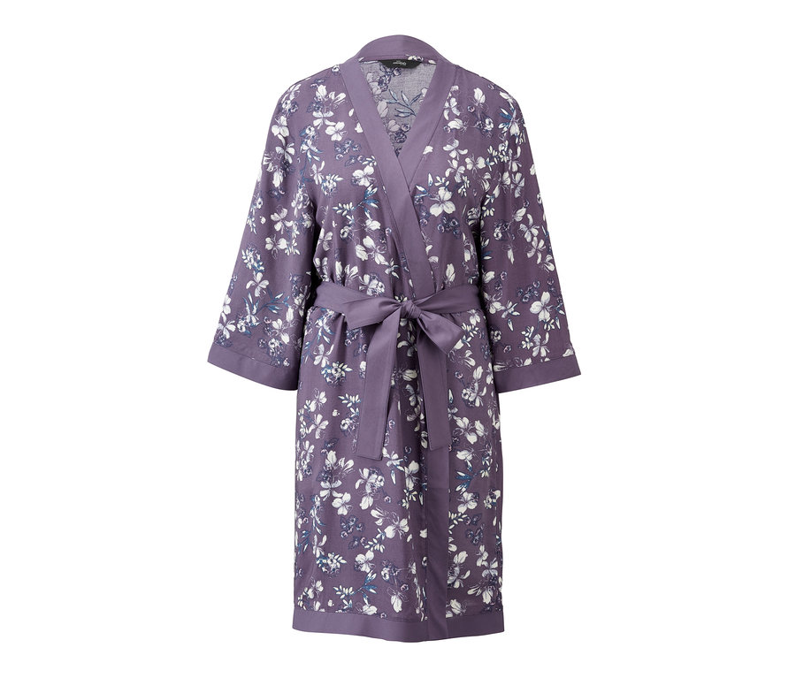 Lila Kimono-Morgenmantel mit Blumenmuster und Bindegürtel.