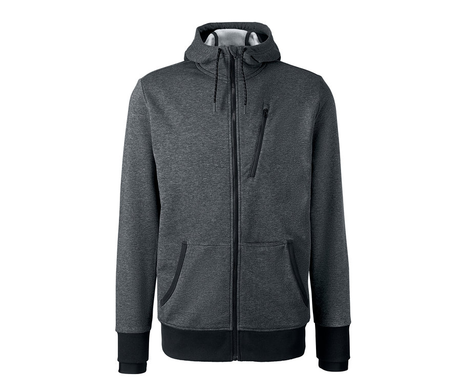 Graue Unisex-Reise-Kapuzenjacke mit Reißverschluss und Taschen.