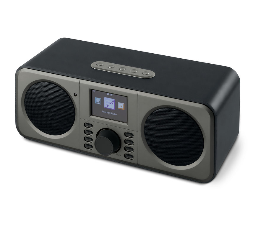 Schwarzes WLAN-Internetradio mit Farbdisplay.