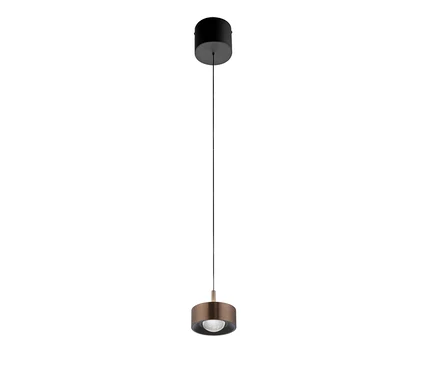 Moderne Pendelleuchte mit schwarzer Deckenhalterung, dünnem schwarzem Kabel und zylindrischem Leuchtenkopf in Bronze und Schwarz.