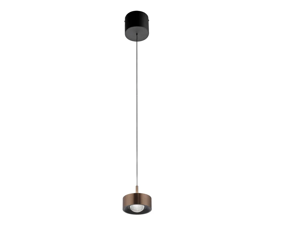 Moderne Pendelleuchte mit schwarzer Deckenhalterung, dünnem schwarzem Kabel und zylindrischem Leuchtenkopf in Bronze und Schwarz.