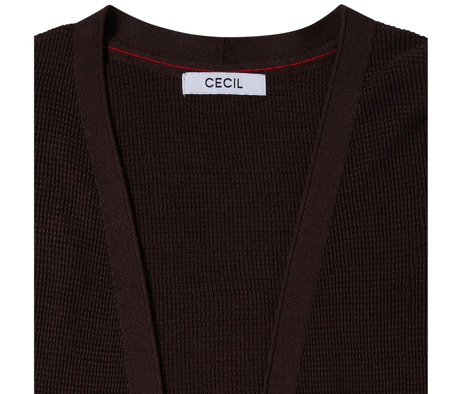 Dunkelbraune CECIL Strickjacke mit sichtbarem Strickmuster, V-Ausschnitt und weißem CECIL-Etikett am Kragen.