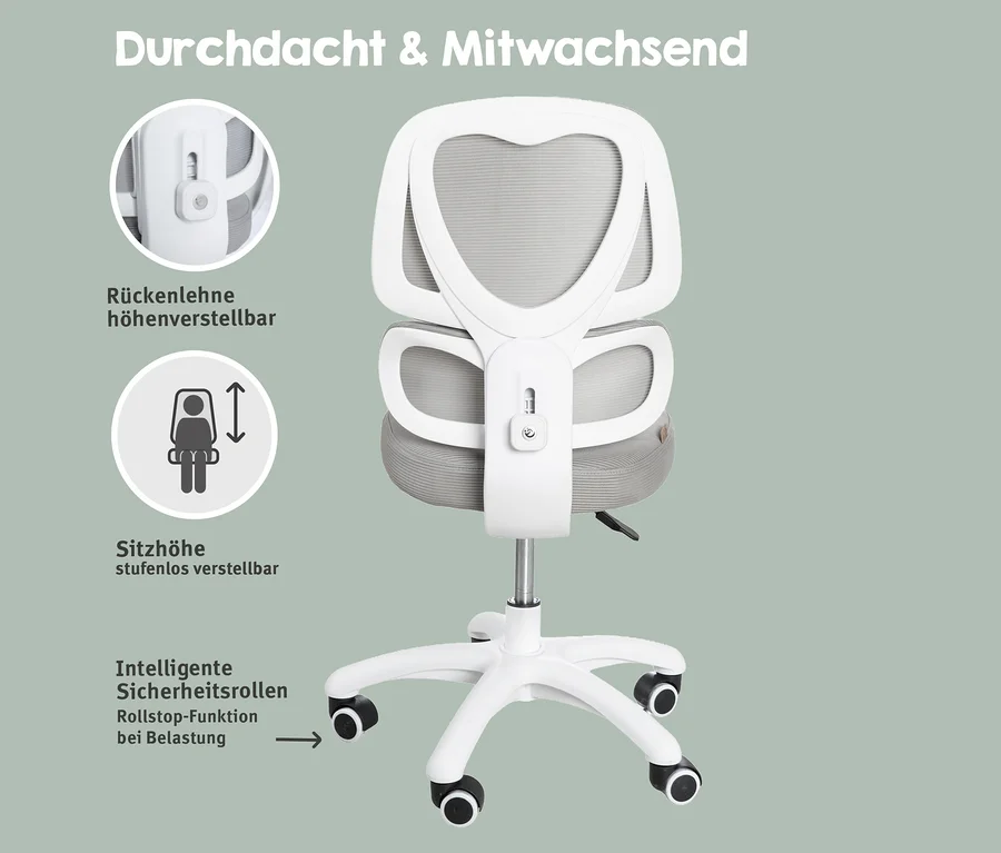 Der Roba Bürostuhl mit geteilter Rückenlehne ist von hinten zu sehen. Der Stuhl ist weiß und grau und hat Rollen.
