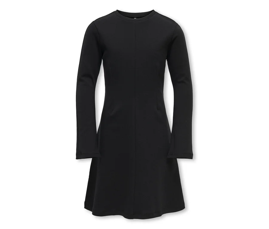 Schwarzes Kleid mit langen Ärmeln, Rundhalsausschnitt und leicht ausgestelltem Saum.