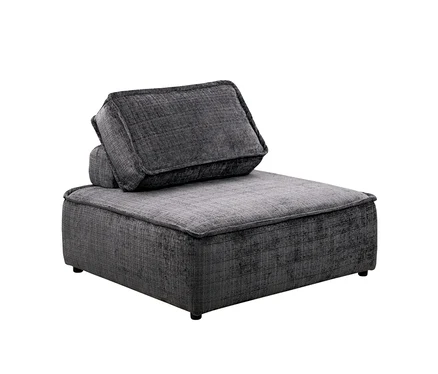 Dunkelgraues modulares Sofaelement mit strukturierter Stoffoberfläche, bestehend aus einem quadratischen Sitzkissen und einem rechteckigen Rückenkissen, das von einem kleinen zylindrischen Kissen gestützt wird.