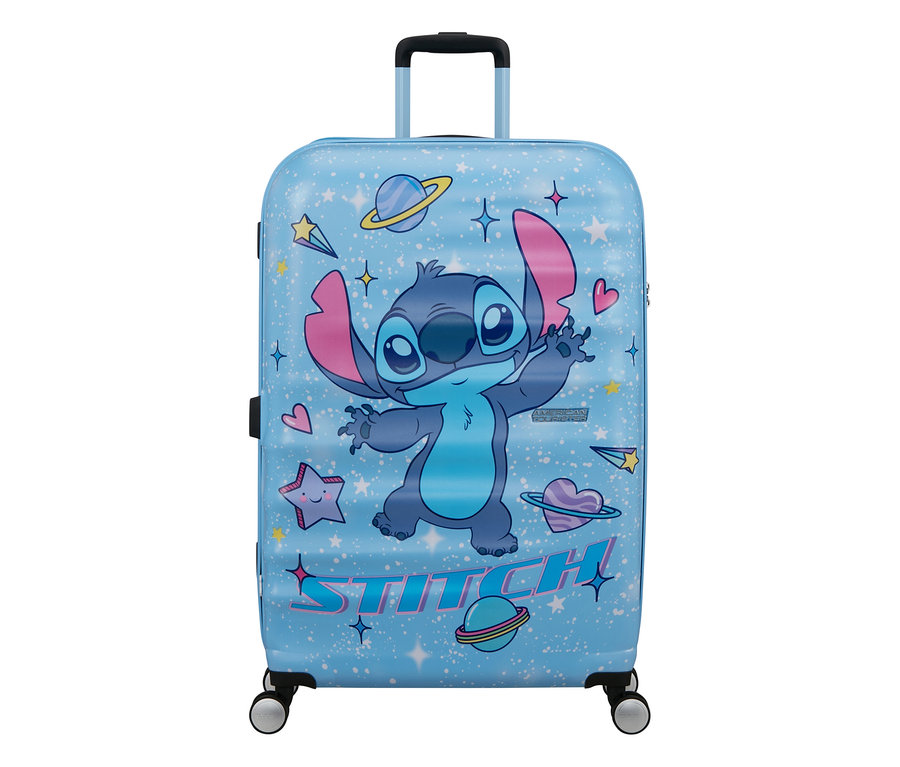 Hellblauer Koffer mit Stitch-Motiv, der winkt, umgeben von Sternen, Planeten und Herzen.