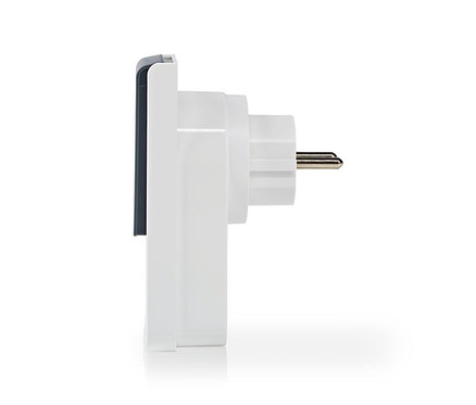 Weißer Stromadapter von der Seite gesehen, mit zwei Metallstiften und einem dunkelgrauen Element an der linken Seite.