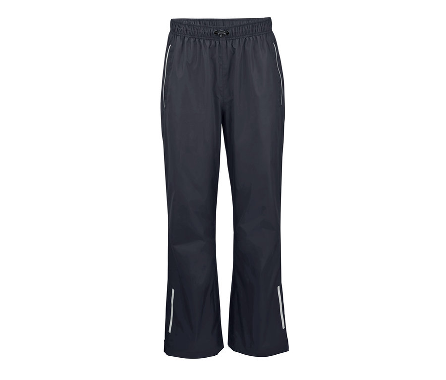 Eine schwarze Unisex-Regenhose mit Gummibund und Reflektoren.