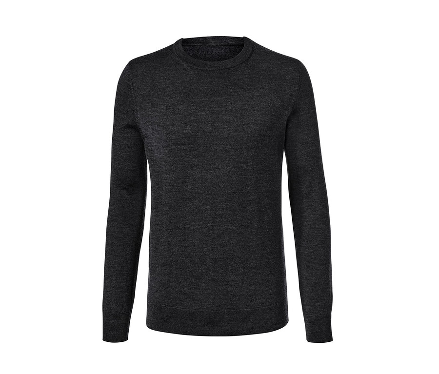 Ein anthrazitfarbener Merino-Pullover mit Rundhalsausschnitt.