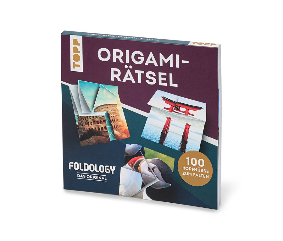 Das Buch »Origami-Rätsel« liegt auf einem Tisch und zeigt Bilder von Origami-Kreationen.