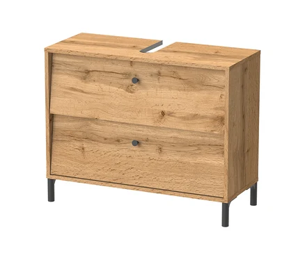 80 cm Eichen-Waschbeckenunterschrank »Cottage« mit zwei Schubladen, dunklen Knöpfen und einem Waschbeckenausschnitt, auf dunklen Beinen.