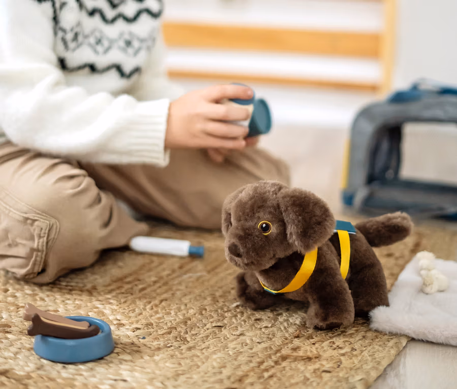 Junge spielt mit small foot Hund mit Tasche und Pflege-Set.