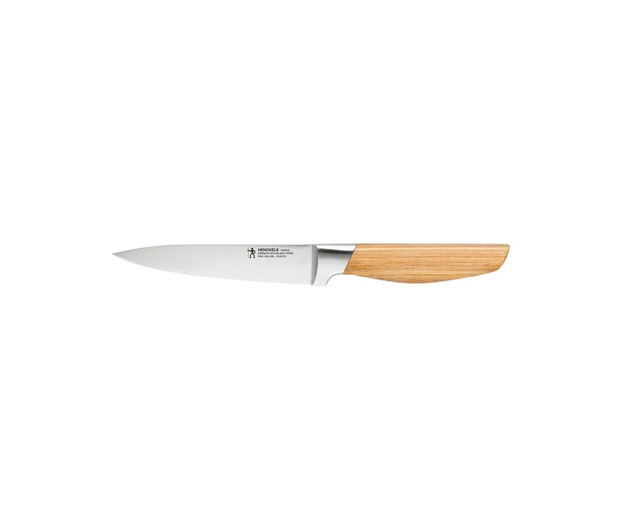 Henckels by ZWILLING Pakka Messer mit silberner Klinge und hellem Holzgriff.