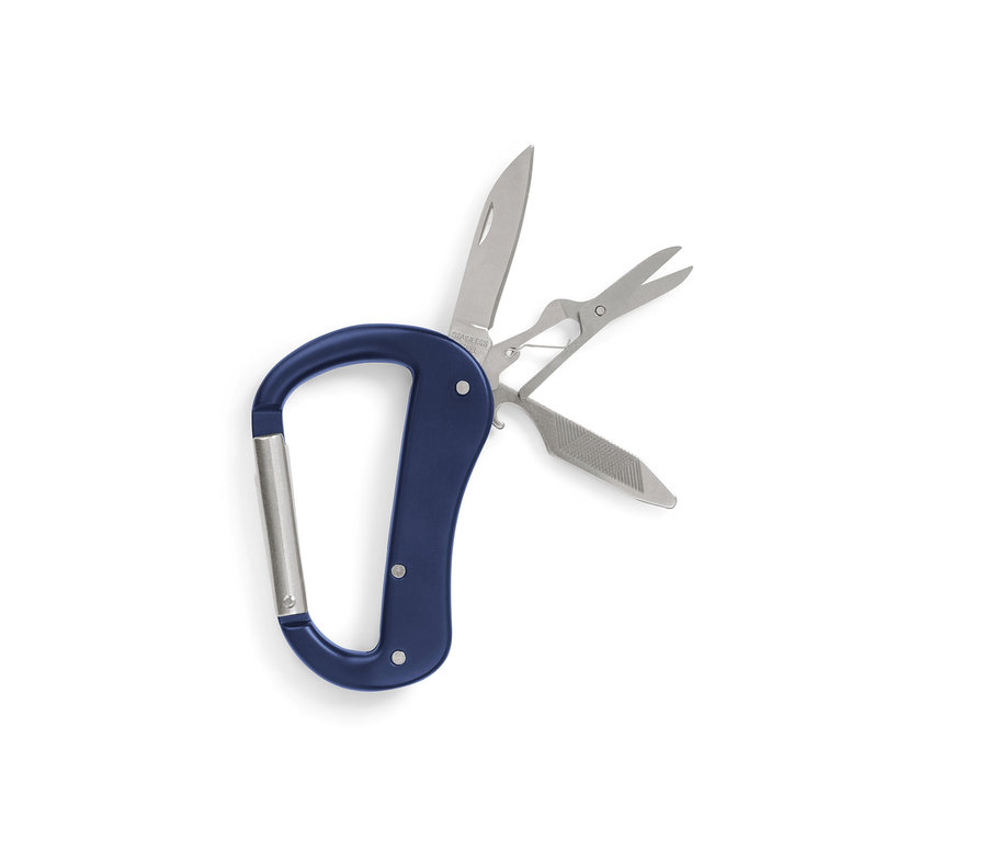 Blauer 5-in-1-Karabiner-Multitool mit geöffnetem Messer, Schere und Feile.