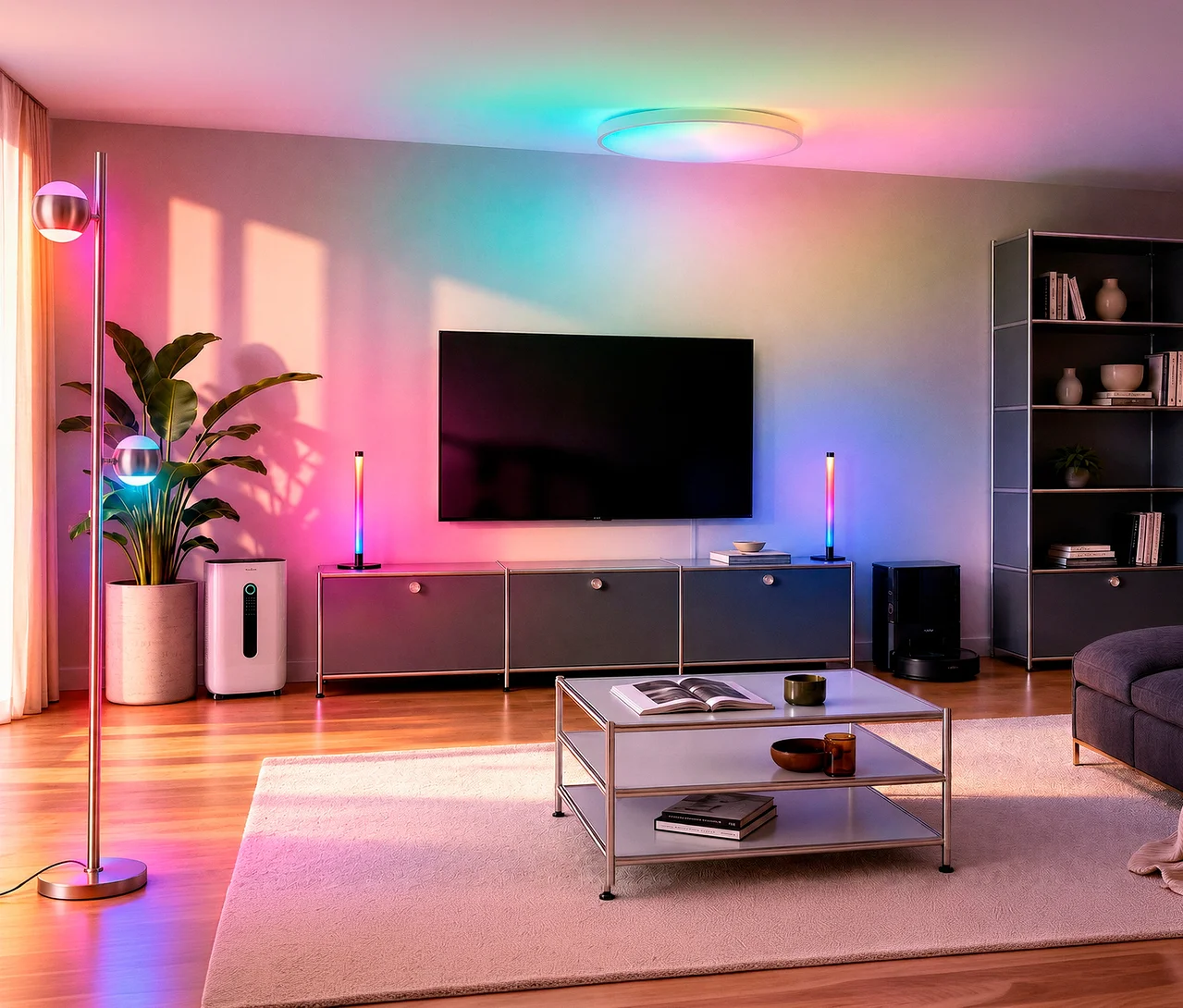 Ein modernes Wohnzimmer, beleuchtet von farbiger smarter Beleuchtung, darunter eine Nedis Smart Deckenleuchte an der Decke, eine Stehlampe und zwei Lichtleisten. Ein großer Fernseher ist mittig über einem Medienschrank angebracht, mit einem Couchtisch und einem grauen Sofa im Vordergrund.