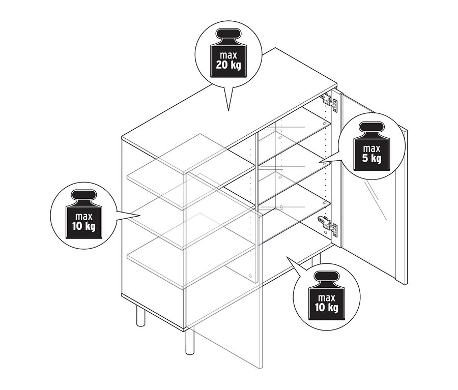 Strichzeichnung einer Vitrine in Travertinoptik mit offenen Türen. Die maximale Belastung beträgt 20 kg für die Oberseite, 10 kg für die Einlegeböden und 5 kg für die Tür.