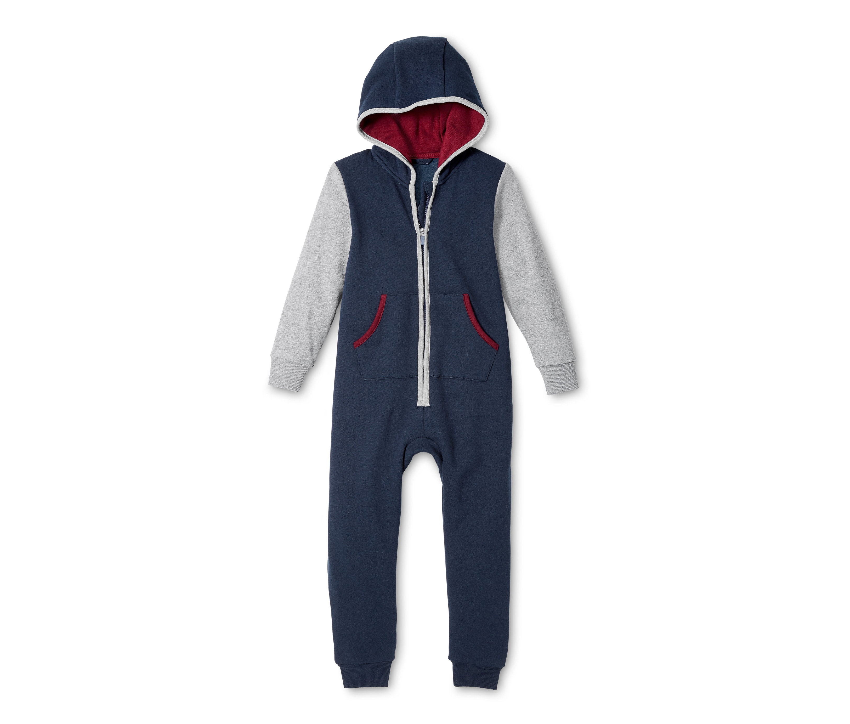 Blauer Kinder-Loungeoverall mit grauen Ärmeln und Kapuze mit rotem Futter.