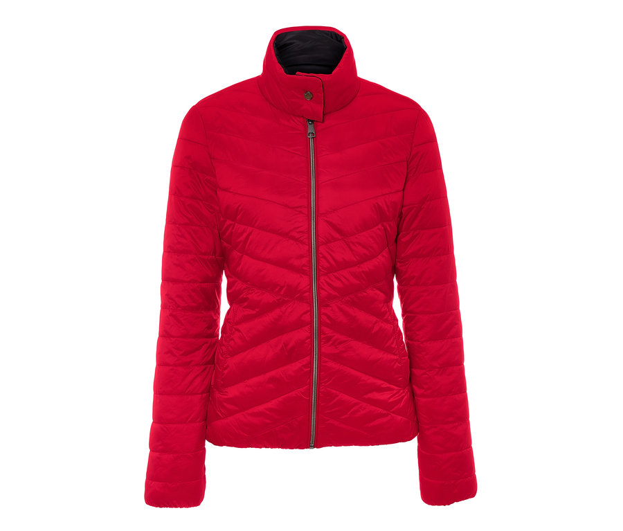 Rote Wende-Steppjacke mit Reißverschluss.