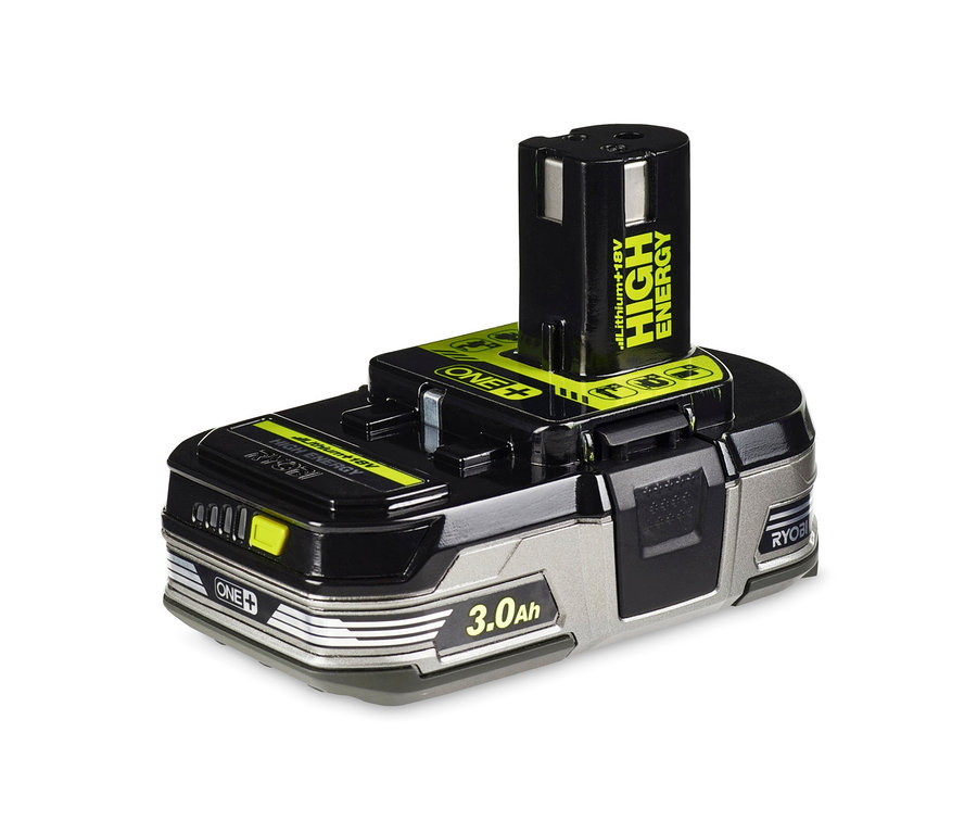 Ein schwarz-grauer Ryobi 18 V One+ 3,0 Ah High Energy Akku auf weißem Hintergrund.