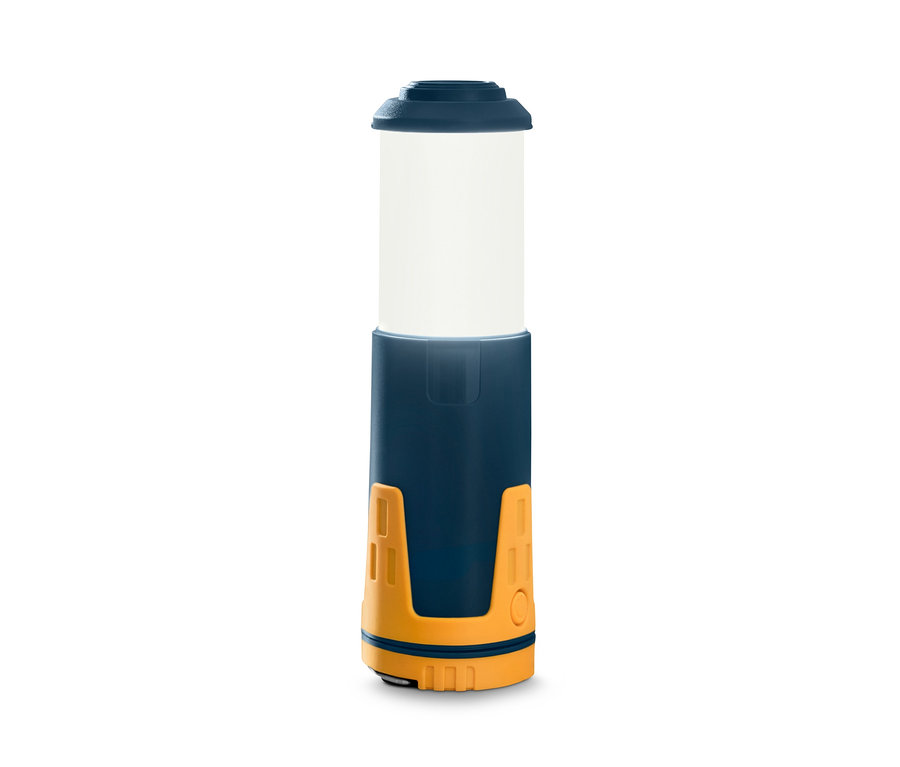 Eine dunkelblaue Teleskop-Camping-Leuchte mit orangefarbenen Akzenten.
