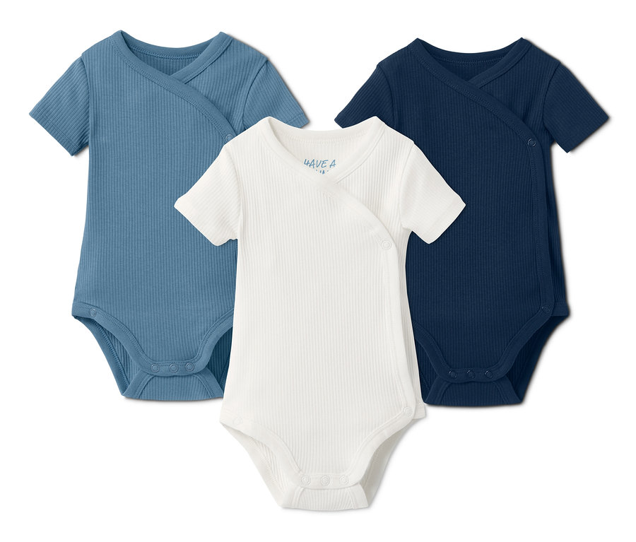 Drei Baby-Ripp-Bodys in Blau, Weiß und Dunkelblau.