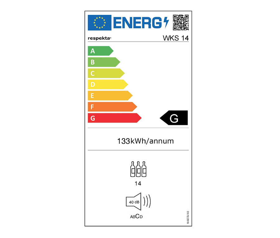 Energieetikett für den Respekta®-Weinkühlschrank »WKS14«, G (von A bis G) mit einem jährlichen Verbrauch von 133 kWh und einem Geräuschpegel von 40 dB.