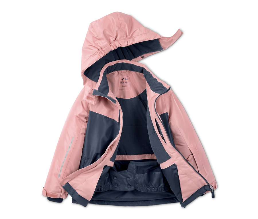 Offene Mädchen-Skijacke in Rosa und Dunkelblau.