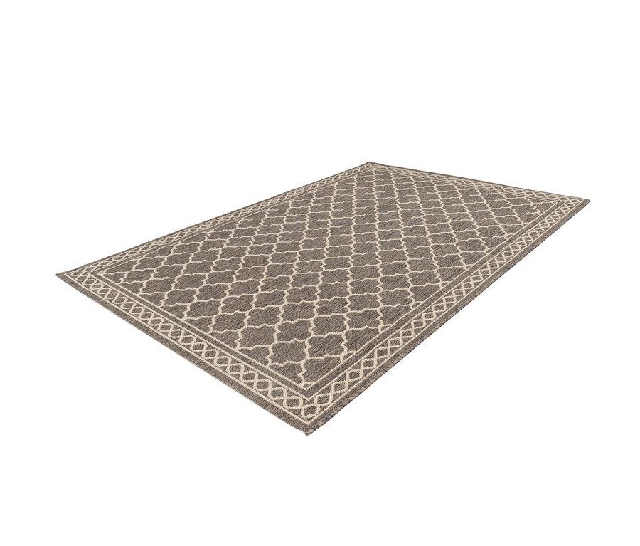 Ein brauner Kayoom Outdoor-Teppich »Splash 300« mit beigem Muster.