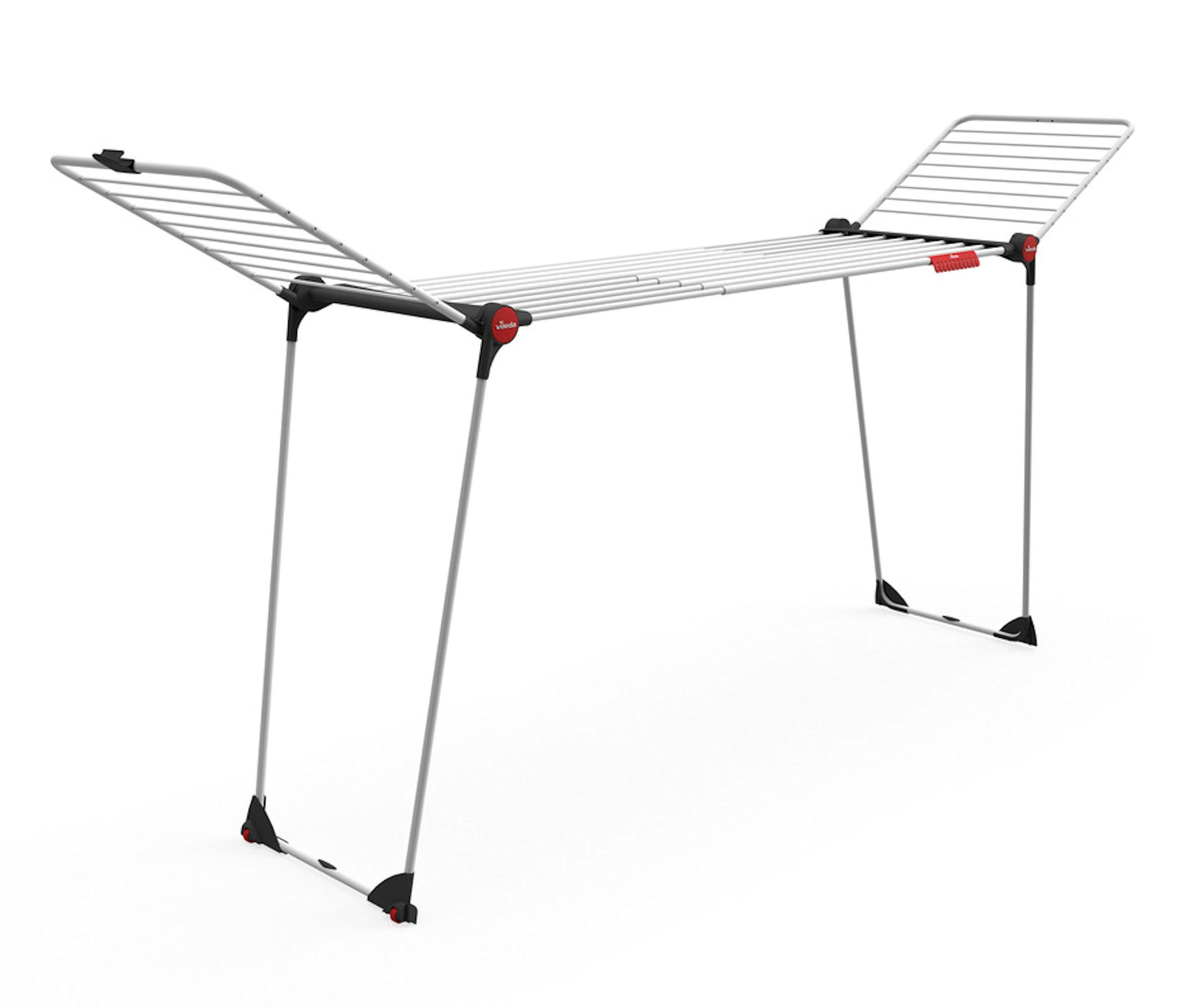 Ein grauer, ausgeklappter Vileda Wäscheständer »INFINITY flex« vor einem weißen Hintergrund.