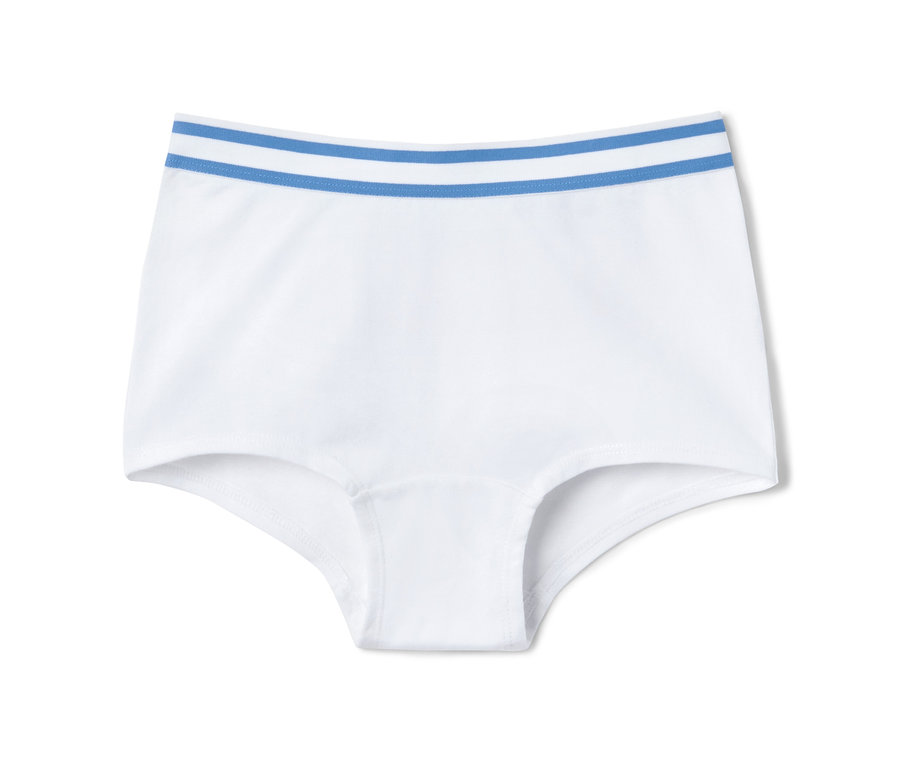 Weiße Mädchen-Pantys mit blauen Streifen am Bund. 7 Stück.