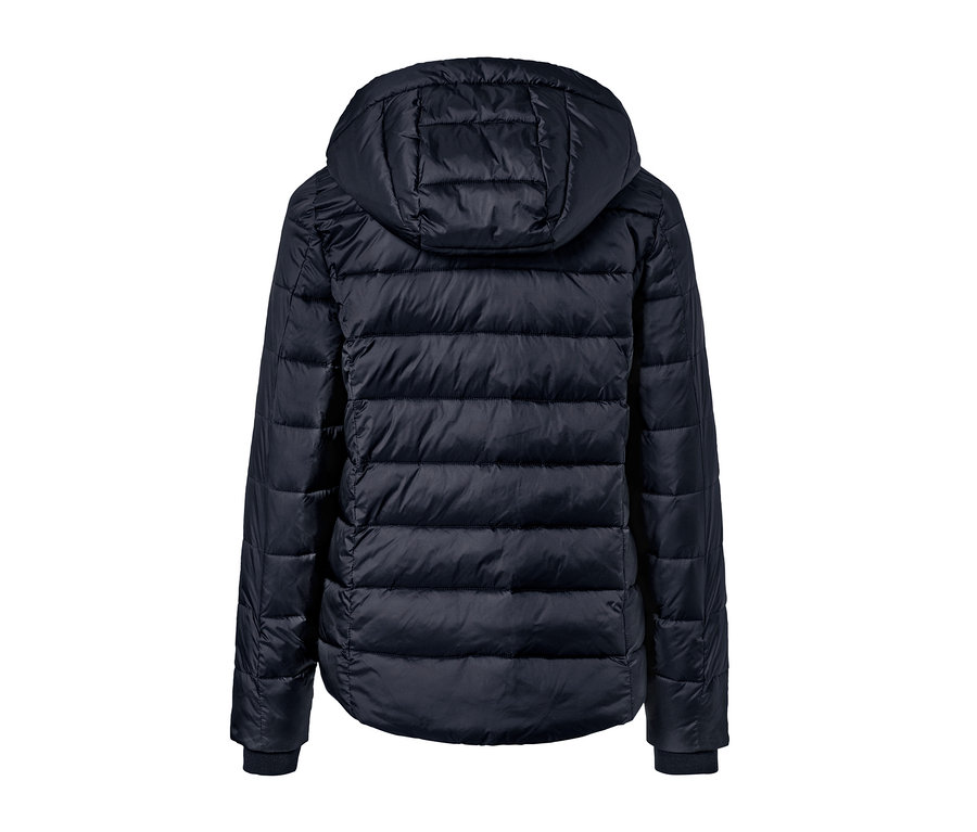 Dunkelblaue Steppjacke mit Kapuze von hinten.