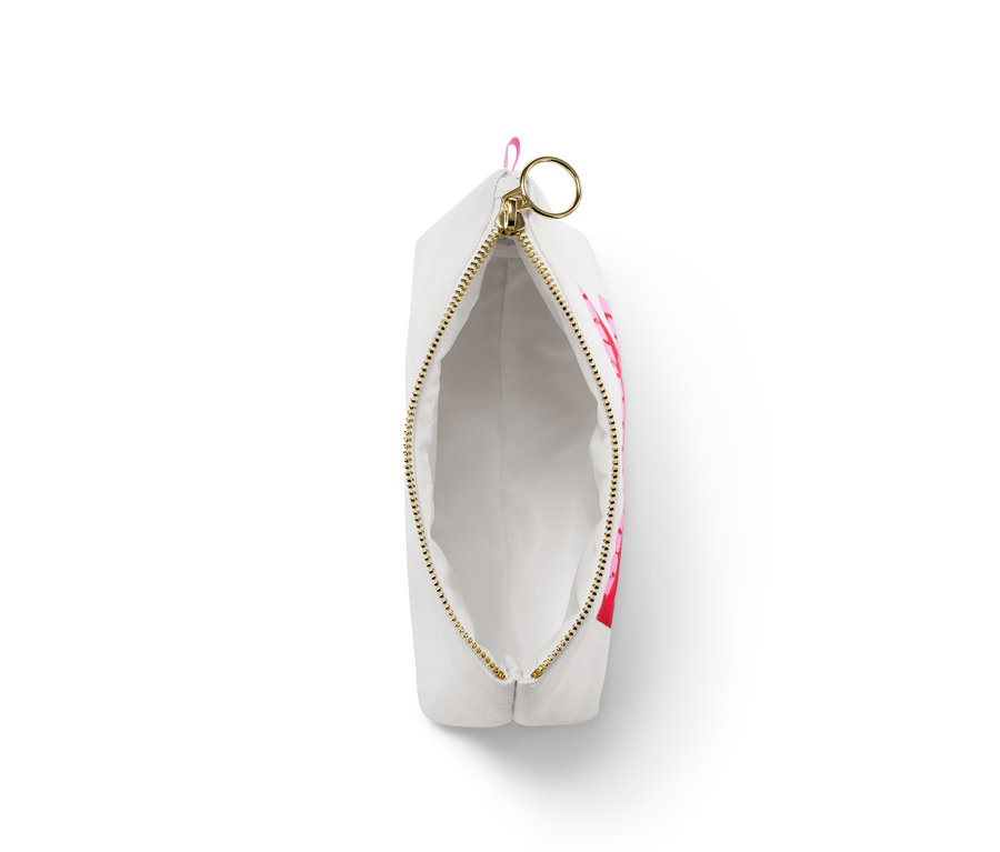 Offene Kosmetiktasche mit rosa Mustern.