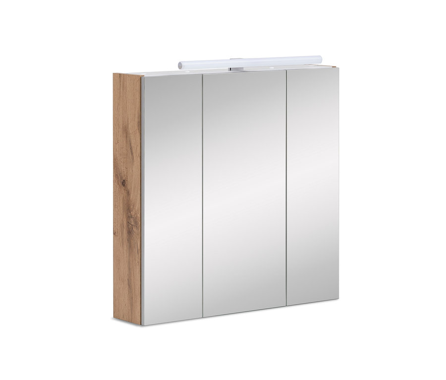 Schildmeyer-Bad-Spiegelschrank "SPS 700.1 Wido" mit hölzernen Seiten und drei Spiegeltüren.