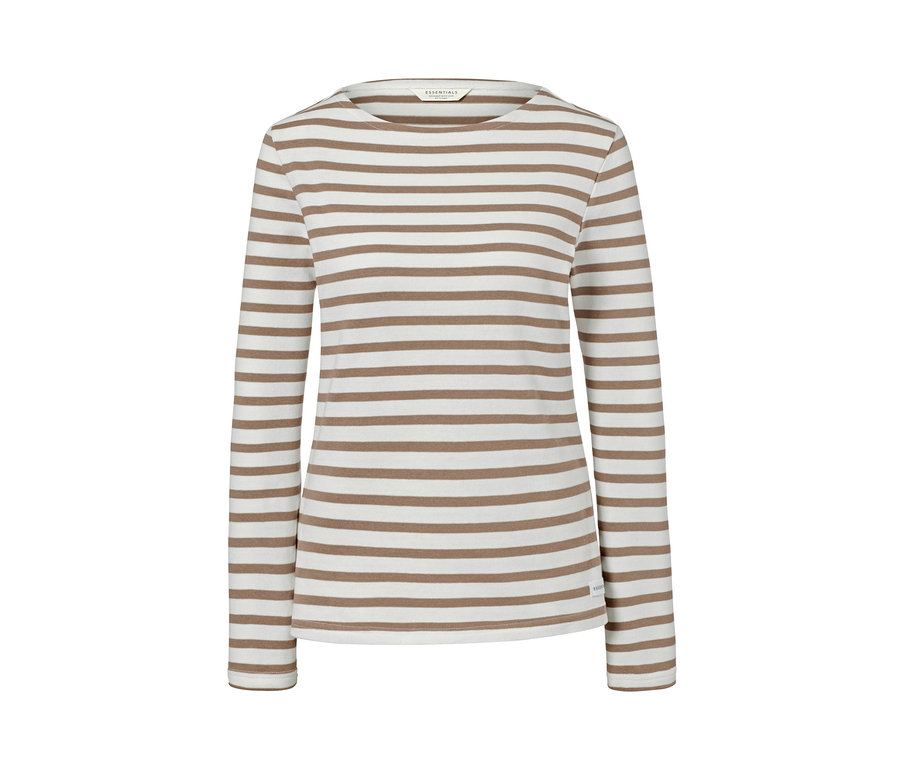 Beige-weiß gestreiftes Langarmshirt aus Bio-Baumwolle.