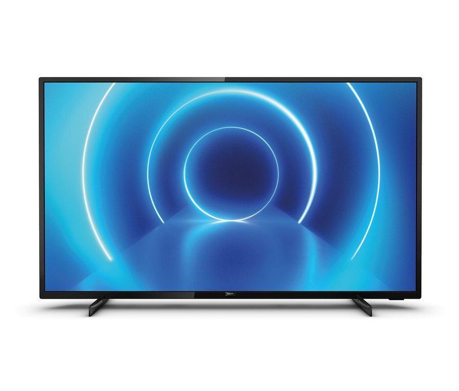 Schwarzer 70-Zoll 4K UHD LED Smart TV Philips PUS 7505 mit kreisförmiger Grafik auf dem Bildschirm.