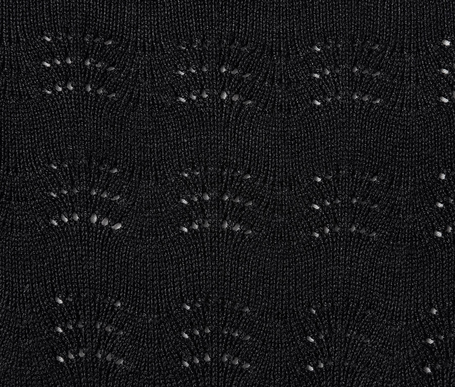 Detailaufnahme eines schwarzen Feinstrickpullovers mit Ajour-Muster.
