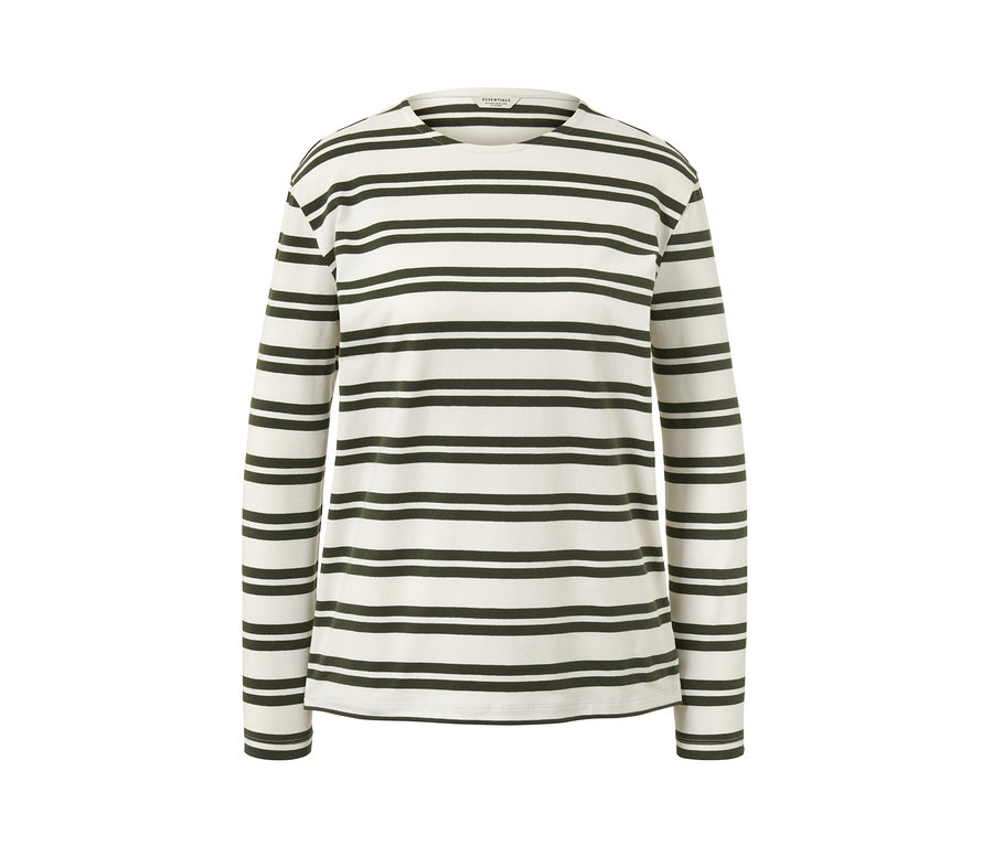 Langarmshirt mit olivgrün-cremefarbenen Streifen auf weißem Hintergrund.