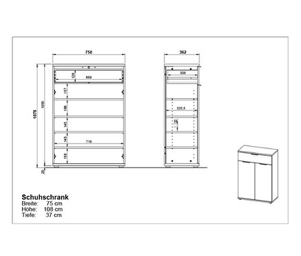 Technische Zeichnung eines Germania Schuhschranks »GW-FREMONT« mit Maßangaben und Innenaufteilung.