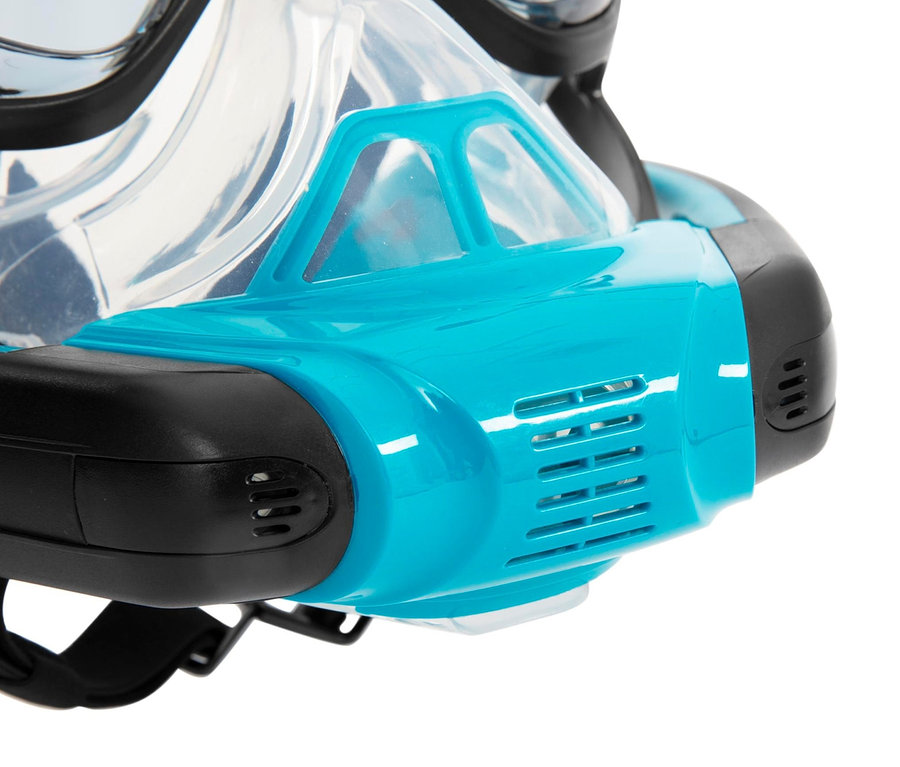 Detailaufnahme einer Bestway® Hydro-Pro™ Schnorchelmaske »Flowtech« mit blauen und schwarzen Elementen.