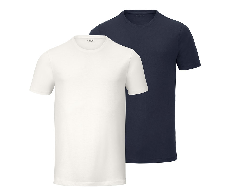 Zwei T-Shirts mit Rundhalsausschnitt: ein weißes und ein dunkelblaues.