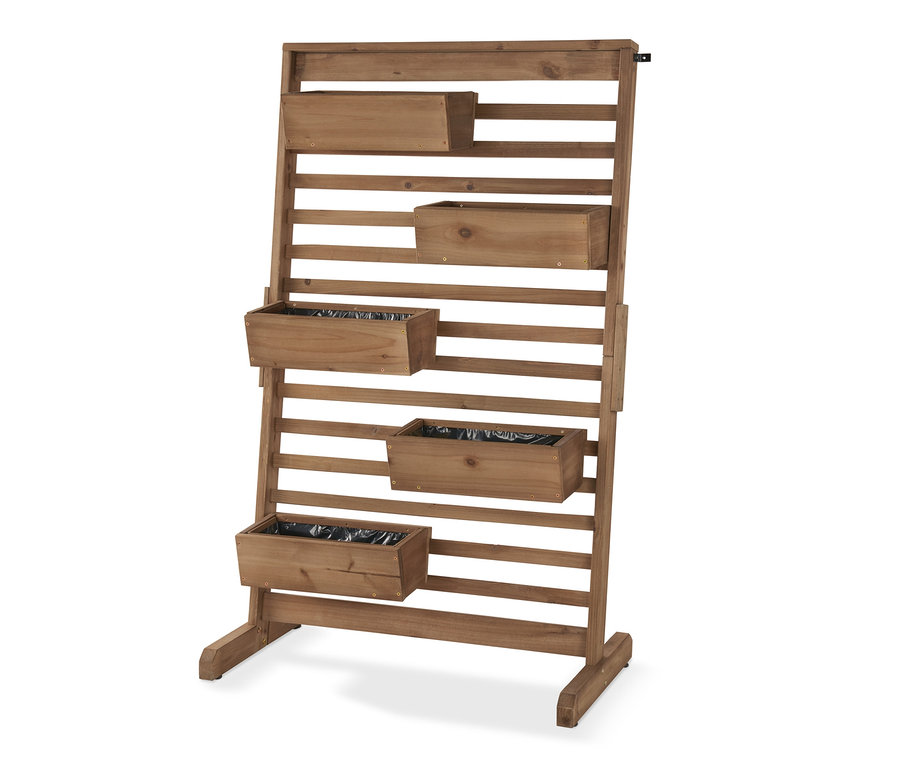 Ein »Tinus« Vertikalbeet mit flexibel einhängbaren Pflanzkästen.