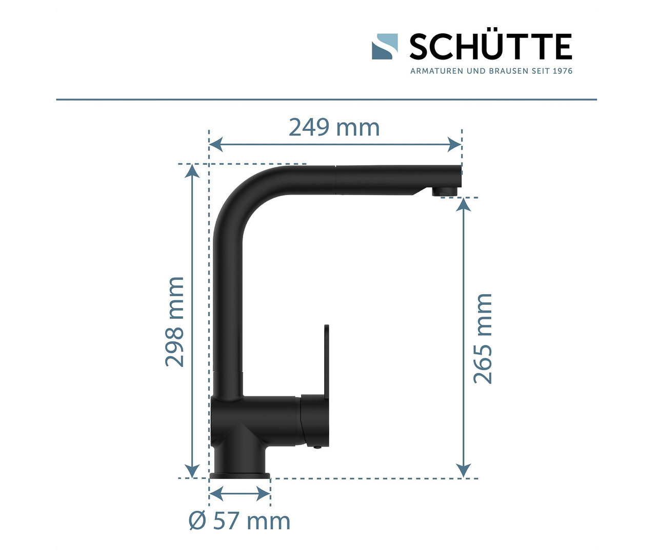 Abmessungen der schwarzen, matten Küchenarmatur „London“ von Schütte.