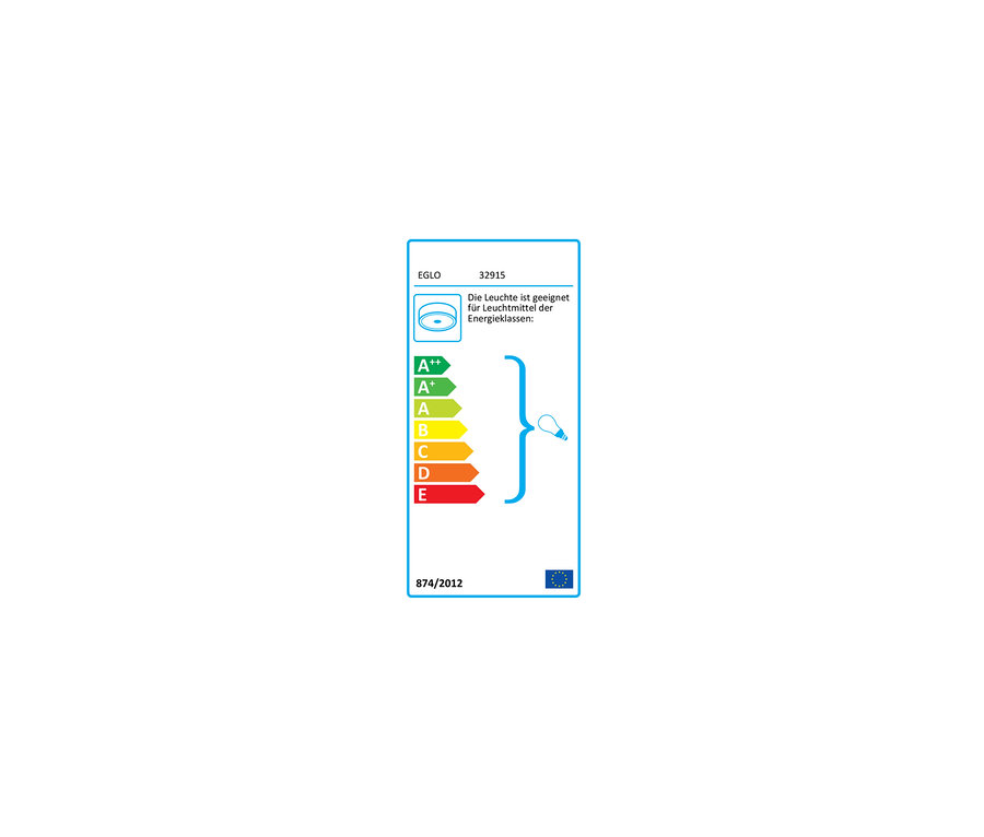 Energielabel mit den Klassen A++ bis E und der Nummer 874/2012. Informationen zur Deckenleuchte »TOWNSHEND« von Eglo.