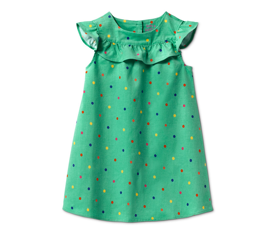 Grünes Cordkleid mit bunten Punkten.