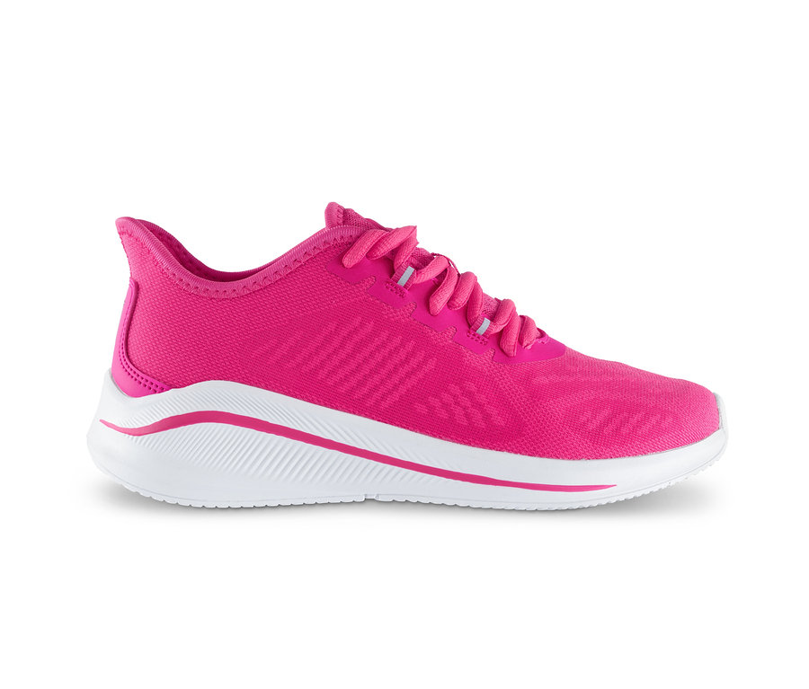 Ein pinkfarbener Sneaker mit weißer Sohle.