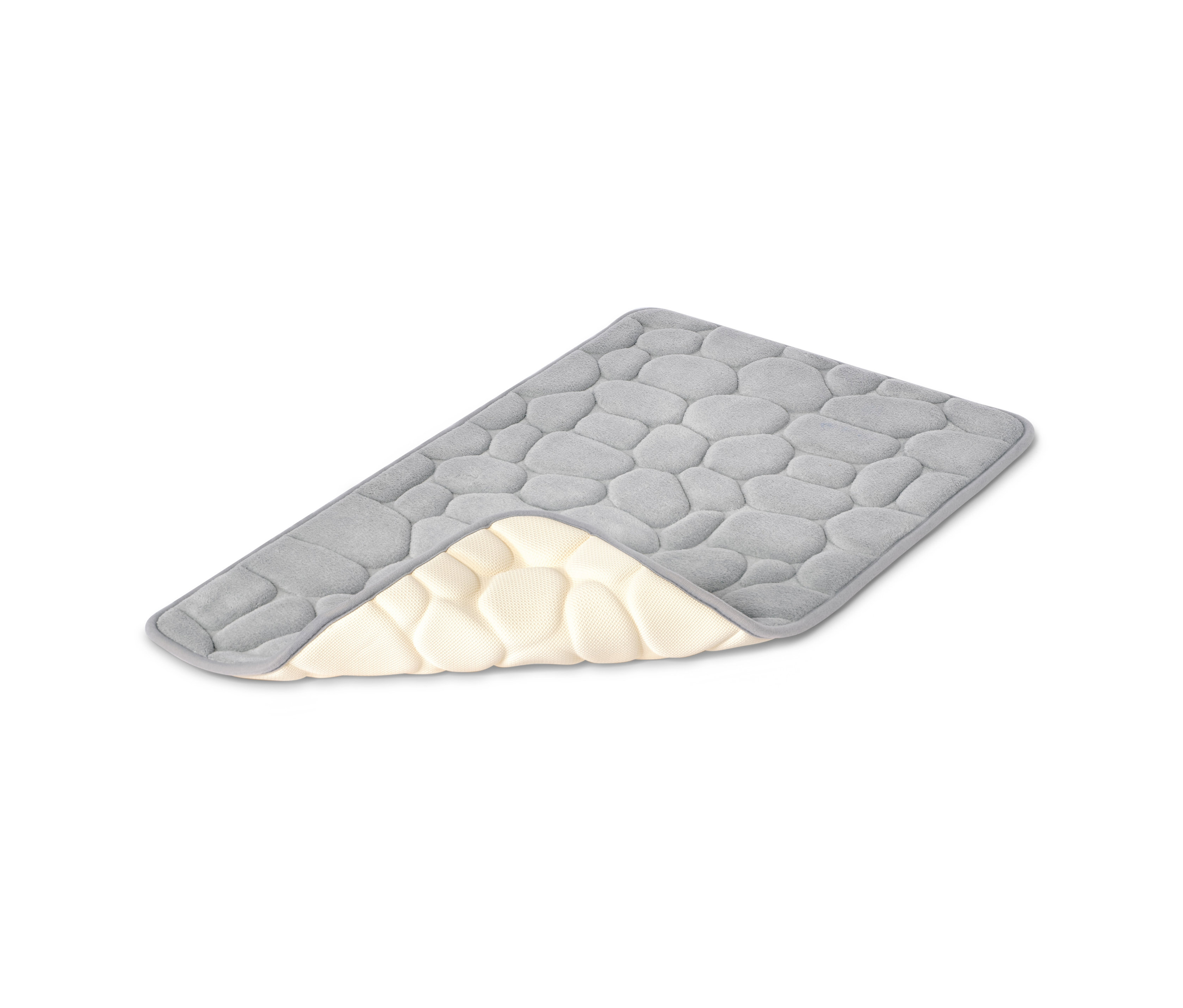 Eine ca. 45 x 75 cm große Komfort-Badematte »Stone« in Beige-Grau.