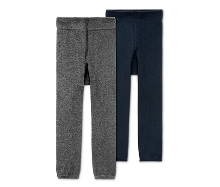 Zwei Strickleggings, eine grau, eine dunkelblau.