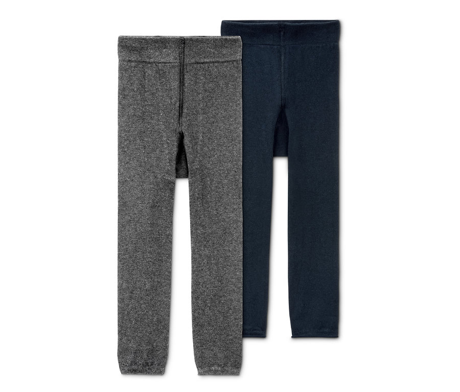 Zwei Strickleggings, eine grau, eine dunkelblau.