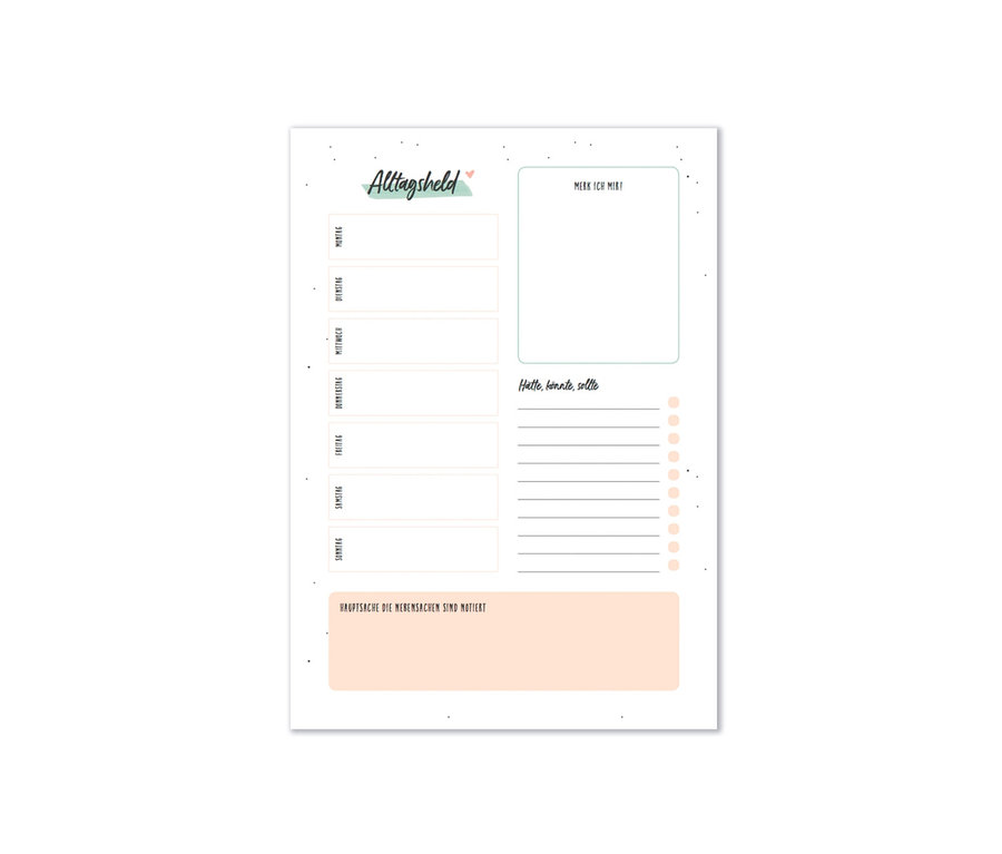 Weißes Blatt Papier mit dem Wochenplaner "Alltagsheld", A4.